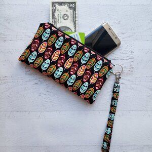 NEW! Black + Colorful Feather Wristlet Clutch Purse Bag Phone Case Travel Wallet